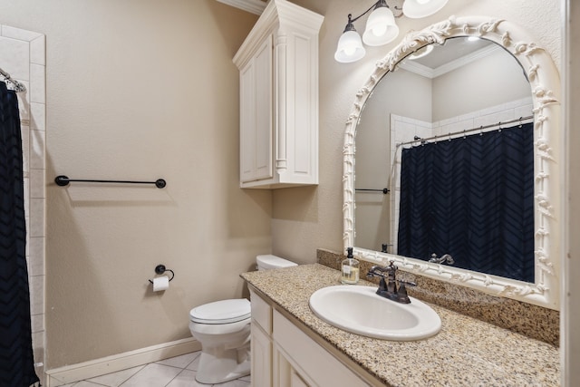 bathroom featuring toilet, tile patterned flooring, a shower with curtain, ornamental molding, and vanity