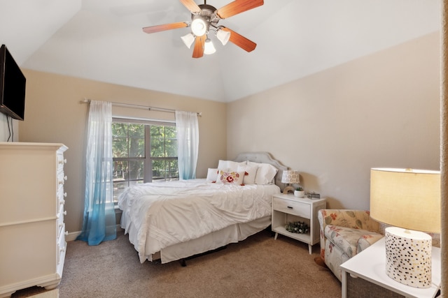 bedroom with vaulted ceiling, carpet floors, and ceiling fan