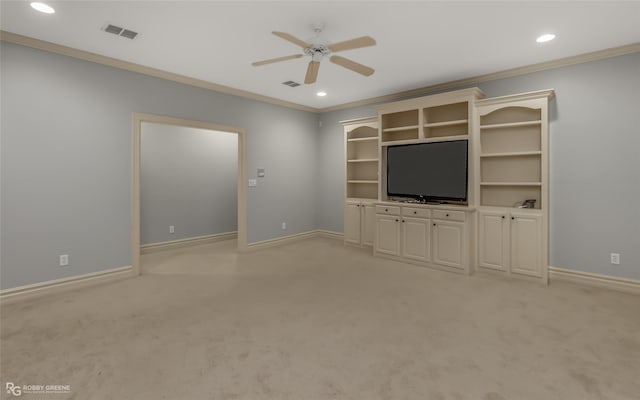 unfurnished living room featuring crown molding, ceiling fan, and light carpet