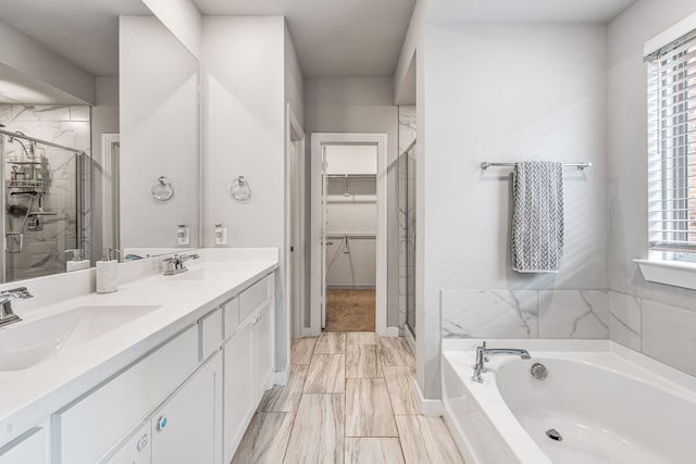 bathroom featuring vanity and independent shower and bath