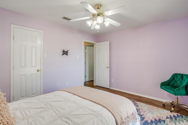 bedroom featuring ceiling fan and wood-type flooring