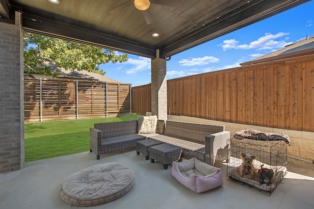 view of patio featuring ceiling fan and an outdoor hangout area