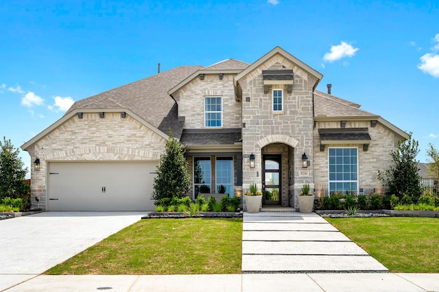 french country style house with a front yard and a garage