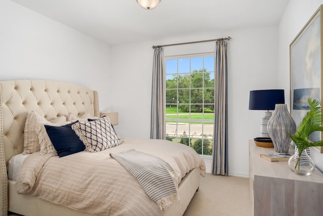 bedroom featuring light carpet