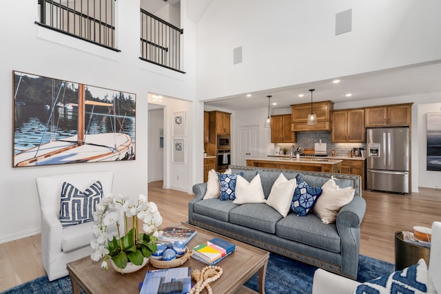 living room with light hardwood / wood-style floors and a high ceiling