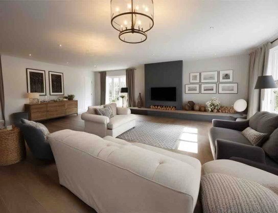 living room with an inviting chandelier and hardwood / wood-style floors