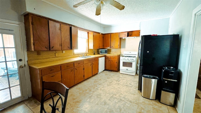 kitchen with sink, stainless steel appliances, a textured ceiling, and ceiling fan