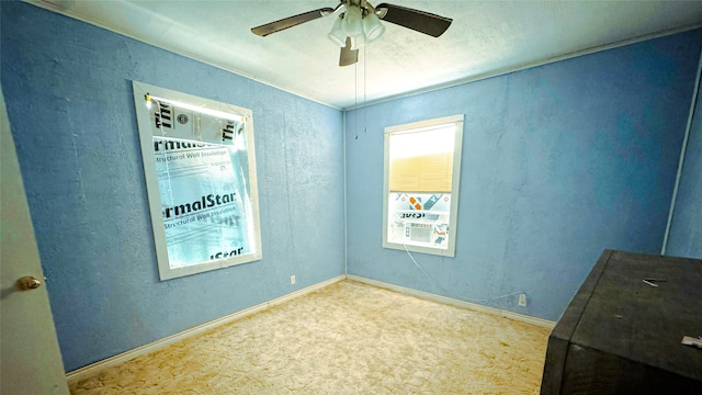 carpeted spare room with ceiling fan and a wealth of natural light