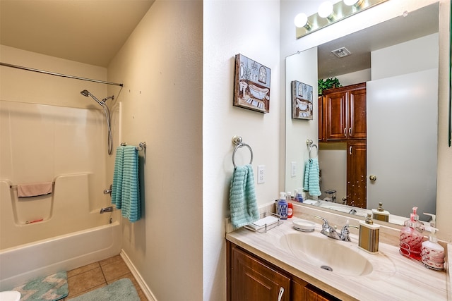 bathroom featuring bathtub / shower combination, vanity, and tile patterned flooring