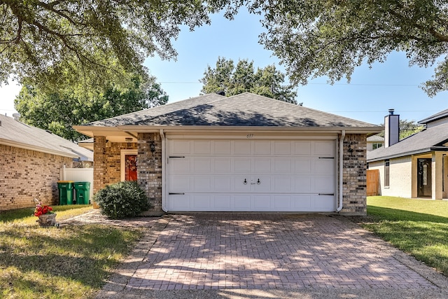 single story home featuring a garage and a front yard