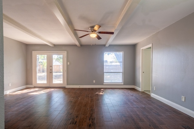 empty room with french doors, beam ceiling, dark wood-type flooring, and ceiling fan