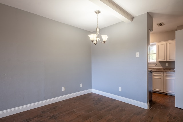 unfurnished dining area featuring beam ceiling, dark hardwood / wood-style flooring, and a chandelier