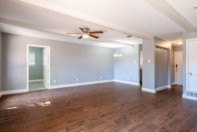 spare room with dark hardwood / wood-style floors, beam ceiling, and ceiling fan with notable chandelier