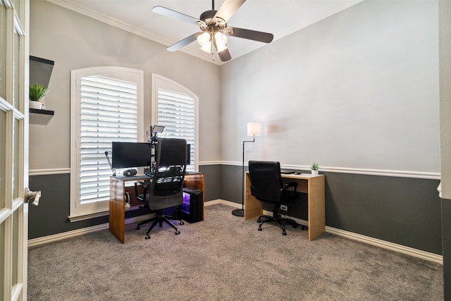 office with ornamental molding, carpet floors, and ceiling fan