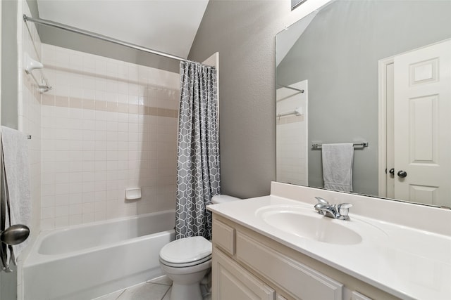 full bathroom with lofted ceiling, toilet, shower / bath combo, vanity, and tile patterned flooring