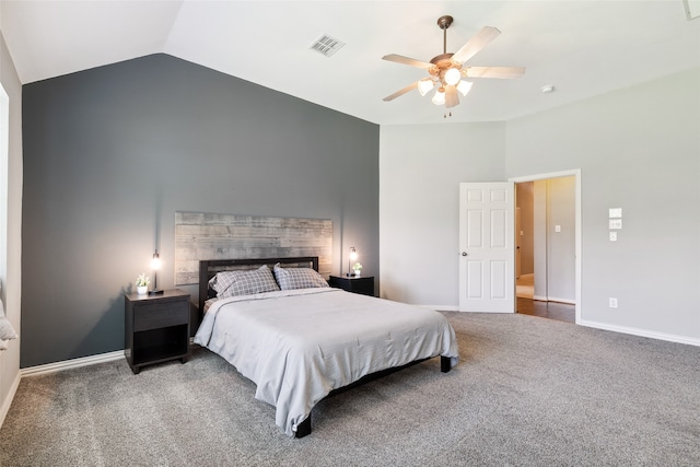 carpeted bedroom with high vaulted ceiling and ceiling fan