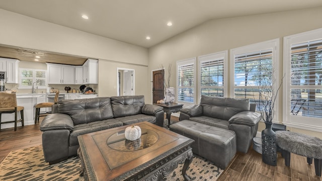 living room with sink, lofted ceiling, plenty of natural light, and hardwood / wood-style floors