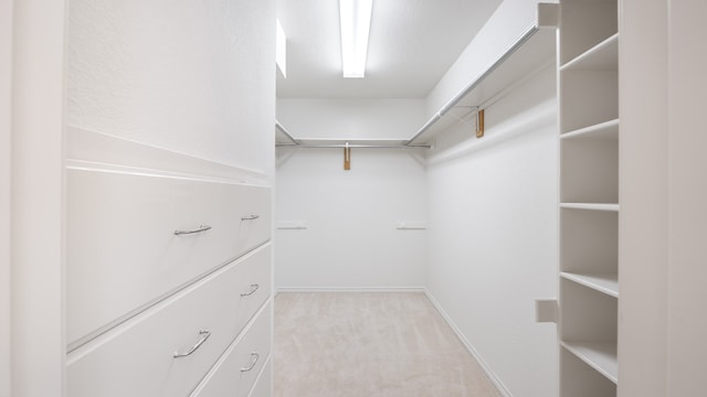 walk in closet featuring light colored carpet