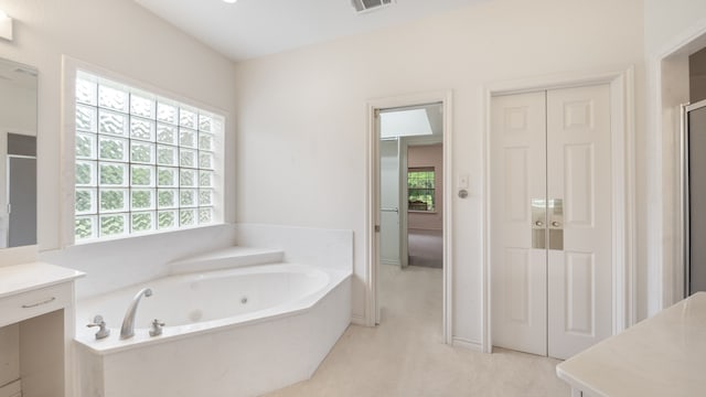 bathroom with vanity and separate shower and tub