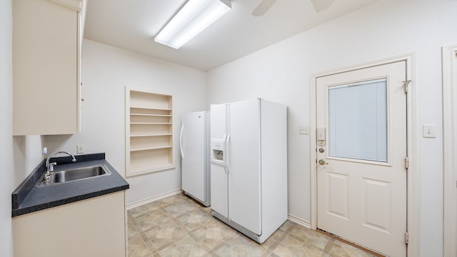 kitchen featuring ceiling fan, white cabinetry, sink, white refrigerator with ice dispenser, and white refrigerator