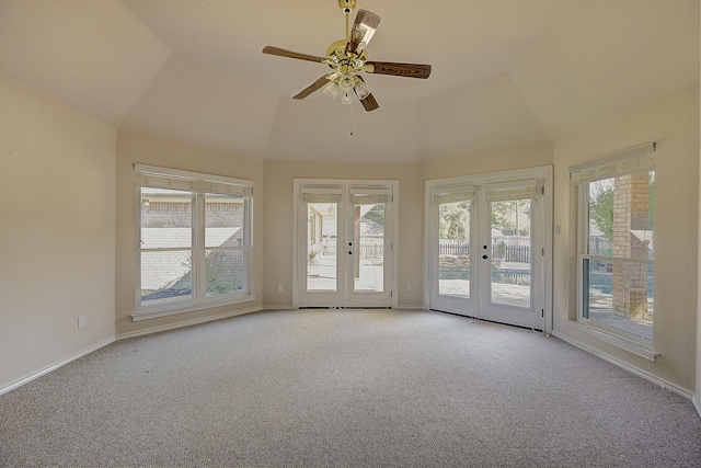 unfurnished sunroom with french doors, vaulted ceiling, and ceiling fan