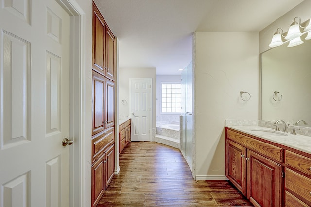 bathroom featuring hardwood / wood-style floors, vanity, and a washtub