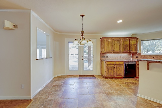 kitchen featuring ornamental molding, backsplash, decorative light fixtures, an inviting chandelier, and dishwasher