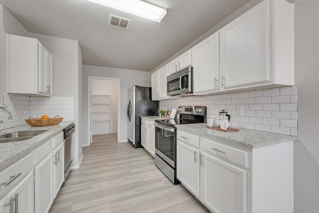 kitchen with appliances with stainless steel finishes, sink, light wood-type flooring, white cabinetry, and decorative backsplash