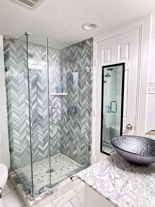 bathroom featuring vanity, toilet, a shower with door, and a textured ceiling