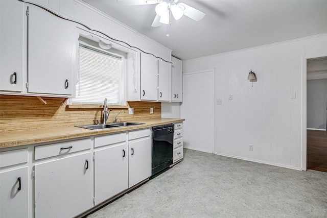 kitchen with sink, dishwasher, white cabinetry, ceiling fan, and decorative backsplash