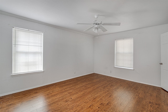 unfurnished room with crown molding, hardwood / wood-style flooring, and ceiling fan