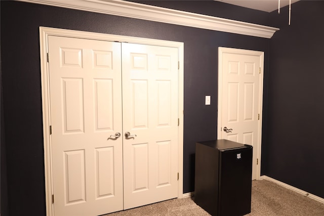 bedroom with a closet and light carpet