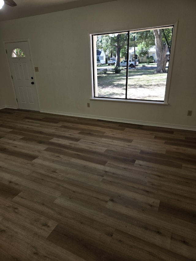 interior space with ceiling fan and dark hardwood / wood-style floors