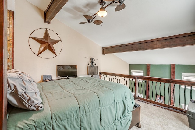 bedroom featuring ceiling fan, light colored carpet, and lofted ceiling with beams