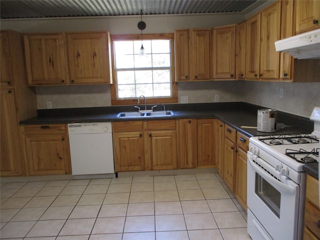 kitchen with white appliances, tasteful backsplash, sink, hanging light fixtures, and light tile patterned floors