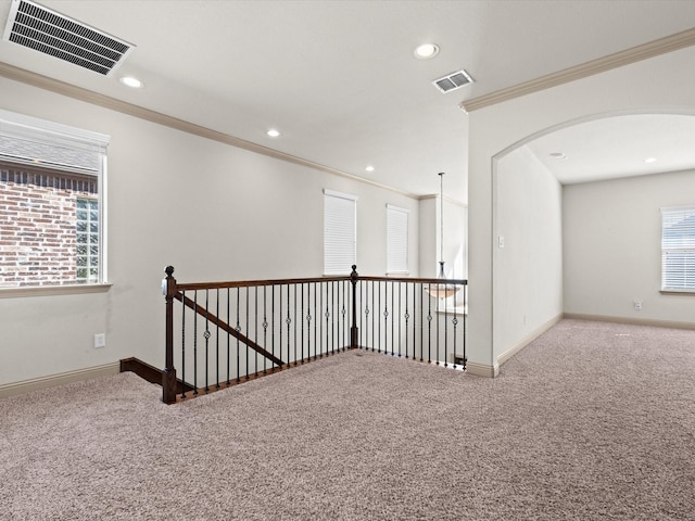 3809 S Brookridge Ct, Bedford, TX 76021 - unfurnished room with visible vents, ornamental molding, and carpet flooring