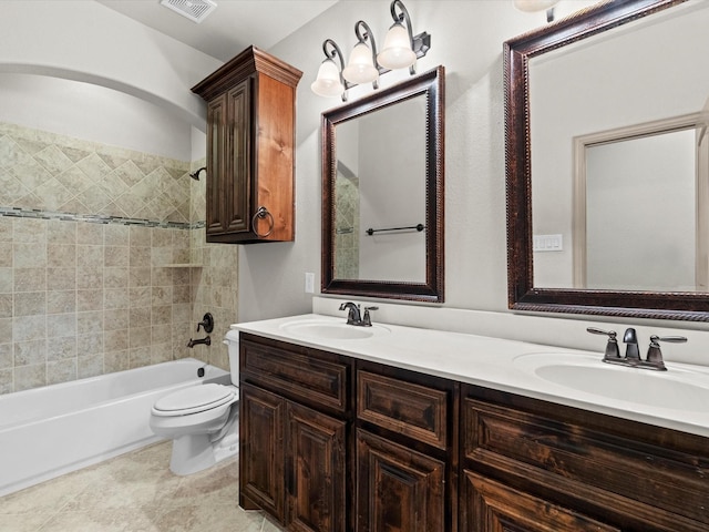 3809 S Brookridge Ct, Bedford, TX 76021 - full bathroom with double vanity, toilet, a sink, and bathtub / shower combination