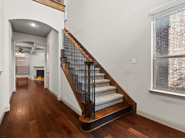 staircase featuring ceiling fan, coffered ceiling, beamed ceiling, hardwood / wood-style flooring, and ornamental molding