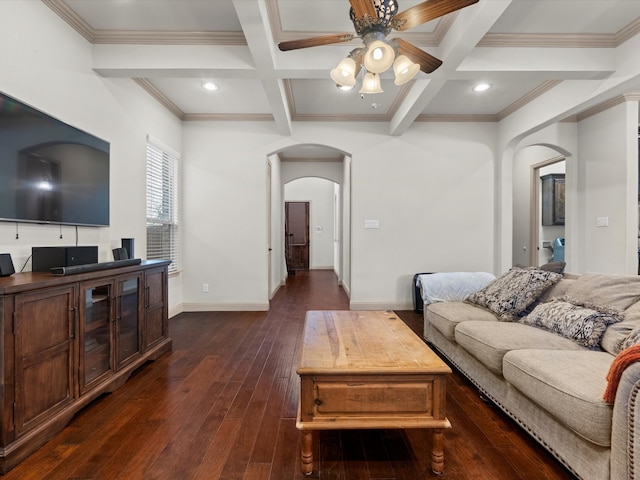 living room featuring beam ceiling, coffered ceiling, ornamental molding, and dark hardwood / wood-style flooring