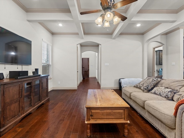 3809 S Brookridge Ct, Bedford, TX 76021 - living room featuring a ceiling fan, crown molding, arched walkways, beam ceiling, and coffered ceiling