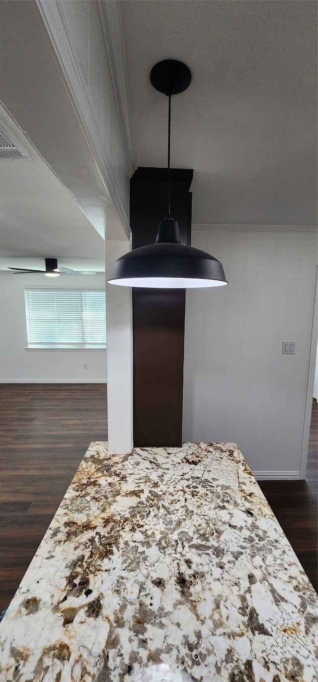 interior space featuring dark wood-type flooring and crown molding