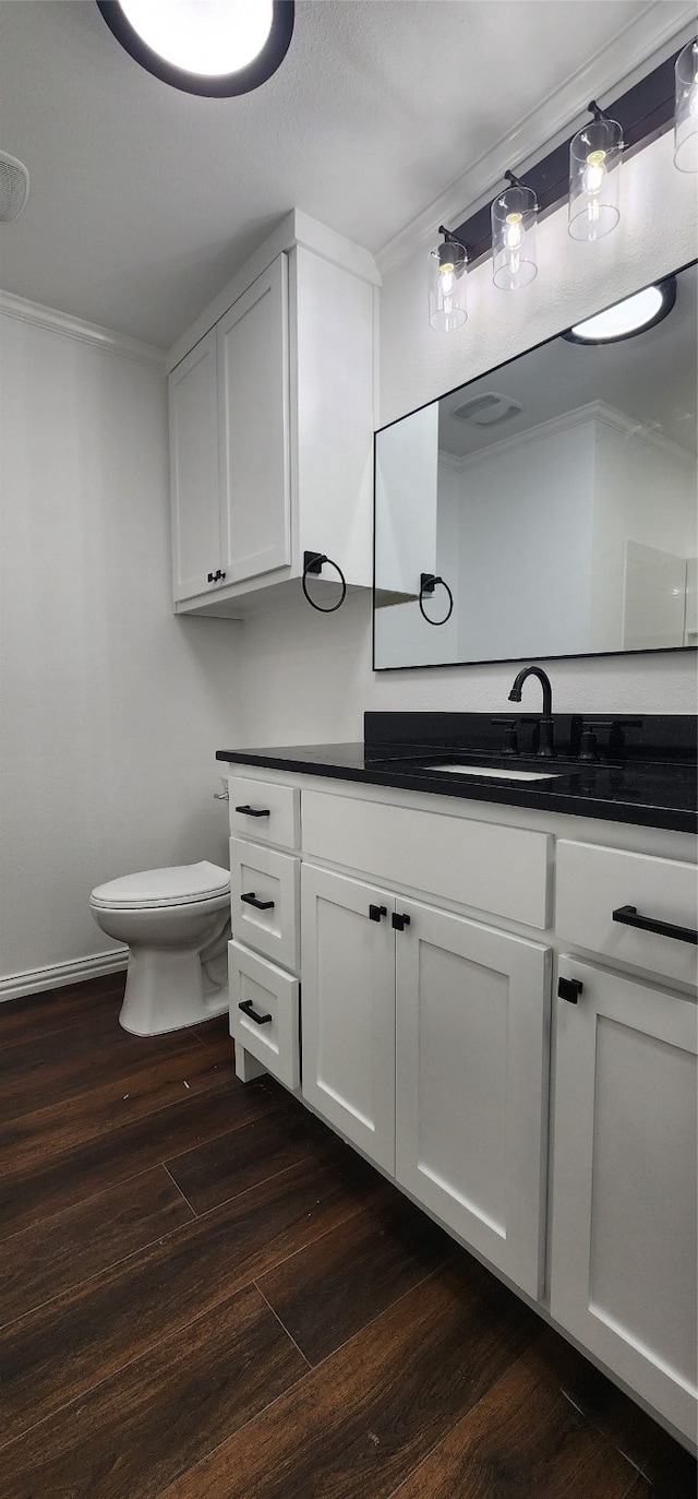 bathroom with vanity, wood-type flooring, and toilet