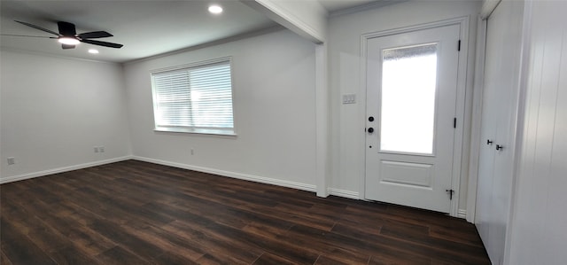 entryway featuring ceiling fan, a wealth of natural light, and dark hardwood / wood-style flooring