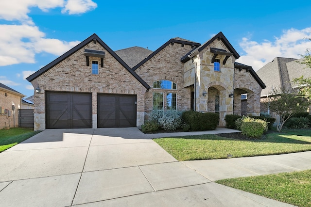 french country inspired facade with a front lawn