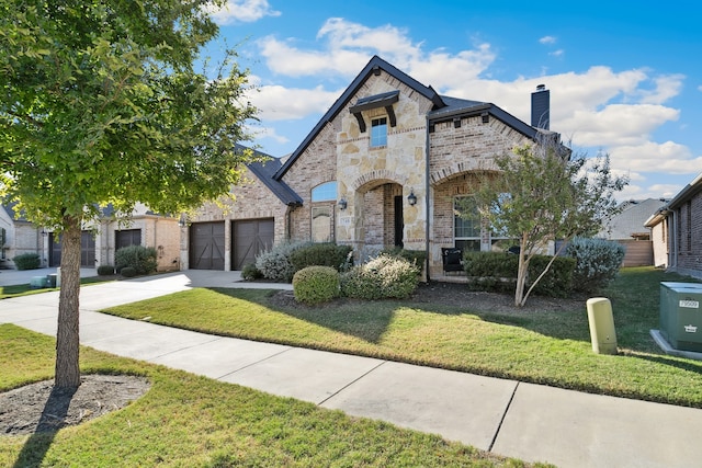 french country home featuring a front yard and a garage