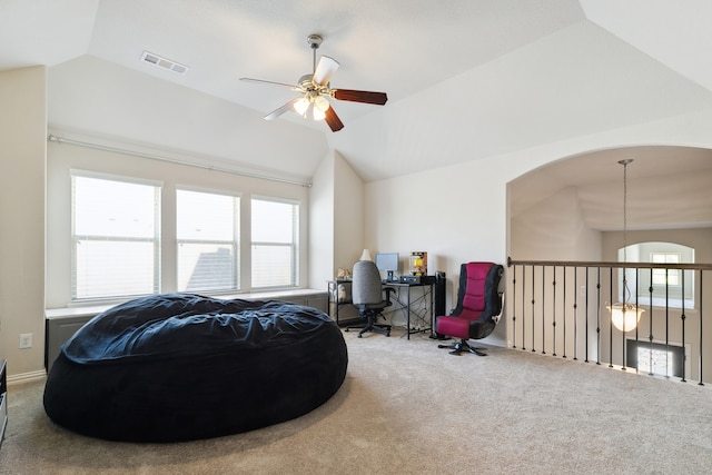 sitting room with lofted ceiling, carpet floors, and ceiling fan