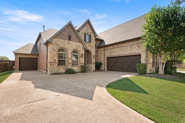 view of front of house with a front yard and a garage