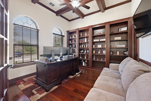 home office with dark wood-type flooring, vaulted ceiling with beams, and ceiling fan