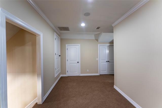 corridor featuring carpet and crown molding