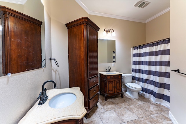 bathroom featuring vanity, toilet, and ornamental molding